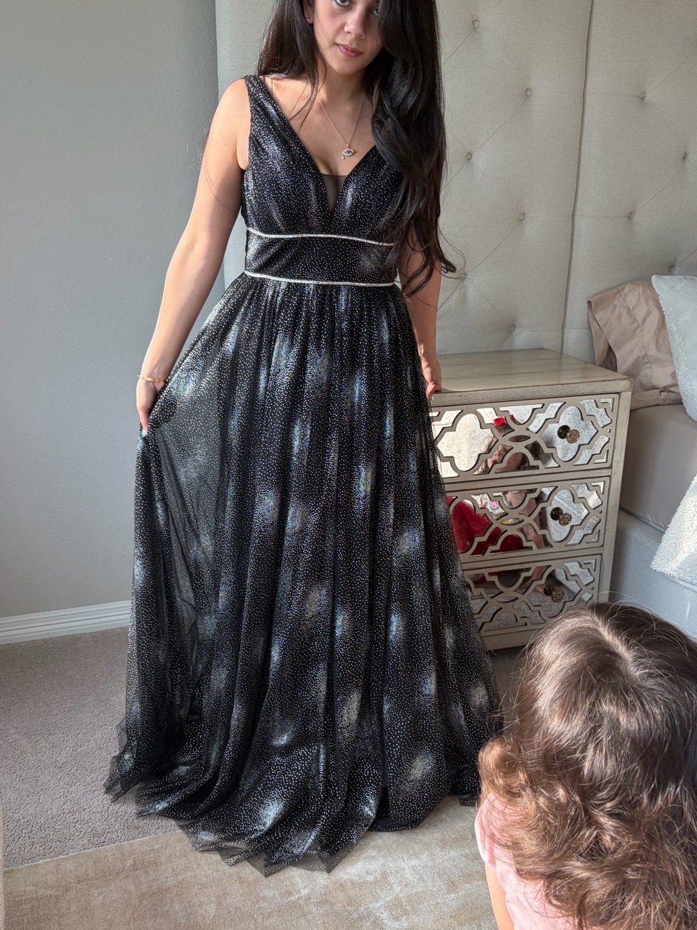Black Sparkle V-Neck Maxi Dress with Waist Trim